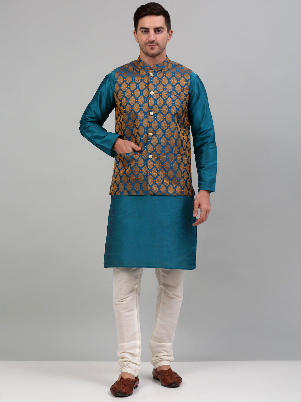 Jompers Men's Woven Design Nehru Jacket and Kurta Pyjama Set - Blue | Grocsy