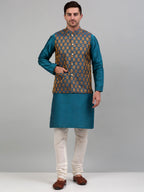 Jompers Men's Woven Design Nehru Jacket and Kurta Pyjama Set - Blue | Grocsy