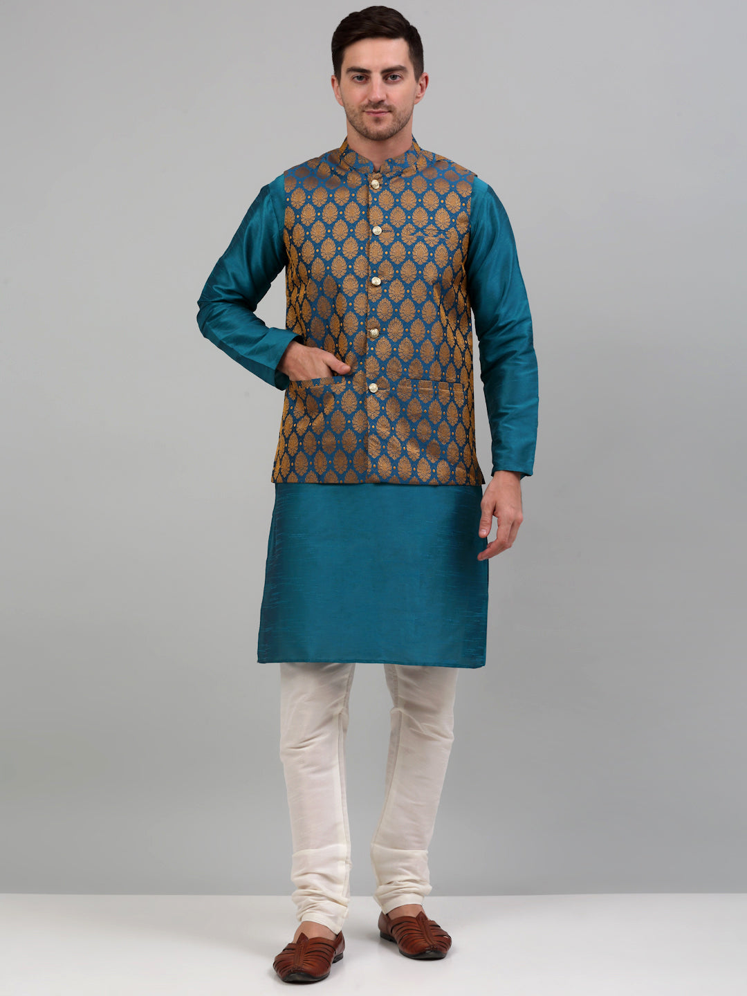Jompers Men's Woven Design Nehru Jacket and Kurta Pyjama Set - Blue | Grocsy