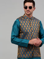 Jompers Men's Woven Design Nehru Jacket and Kurta Pyjama Set - Blue | Grocsy