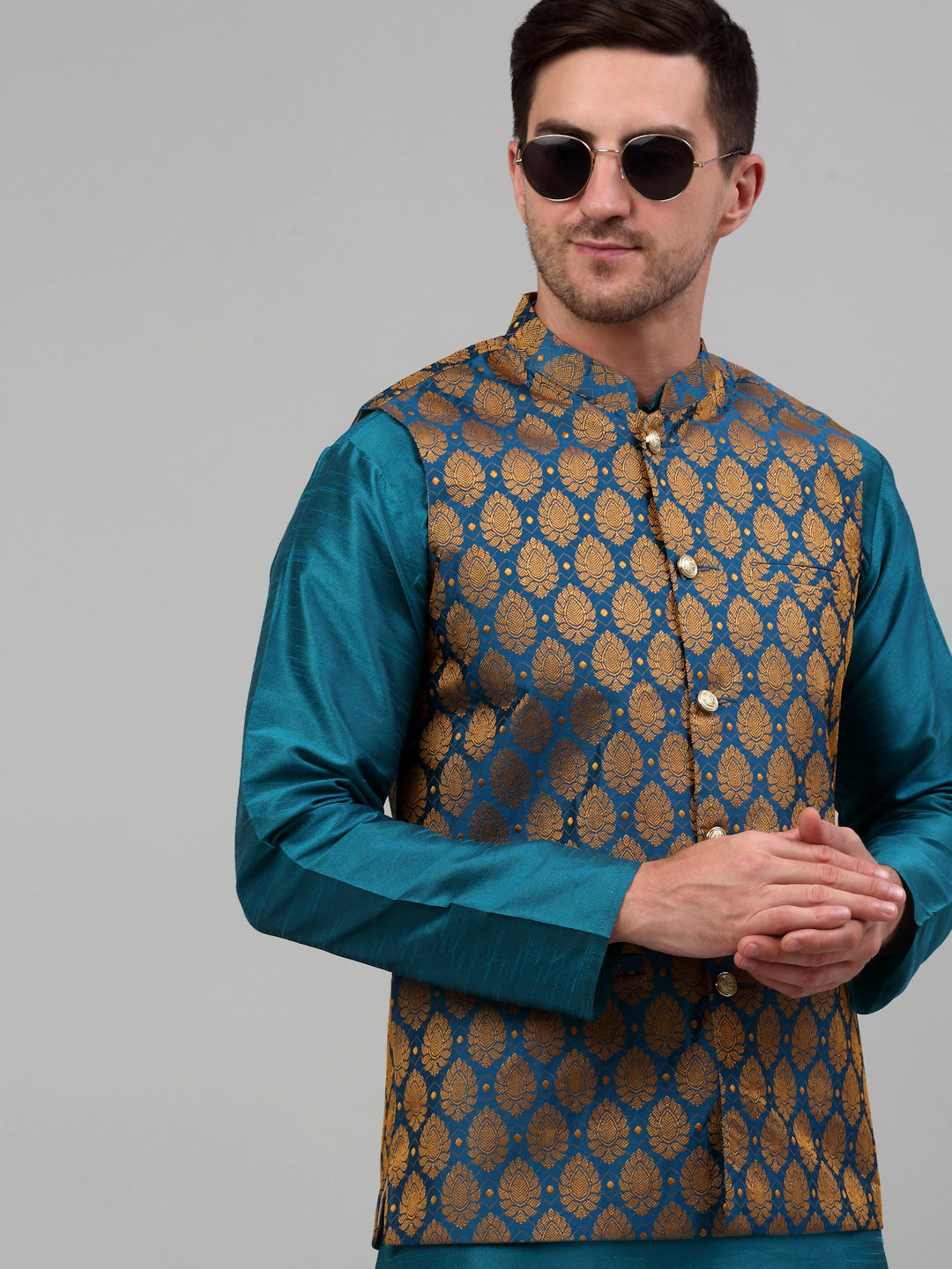 Jompers Men's Woven Design Nehru Jacket and Kurta Pyjama Set - Blue | Grocsy
