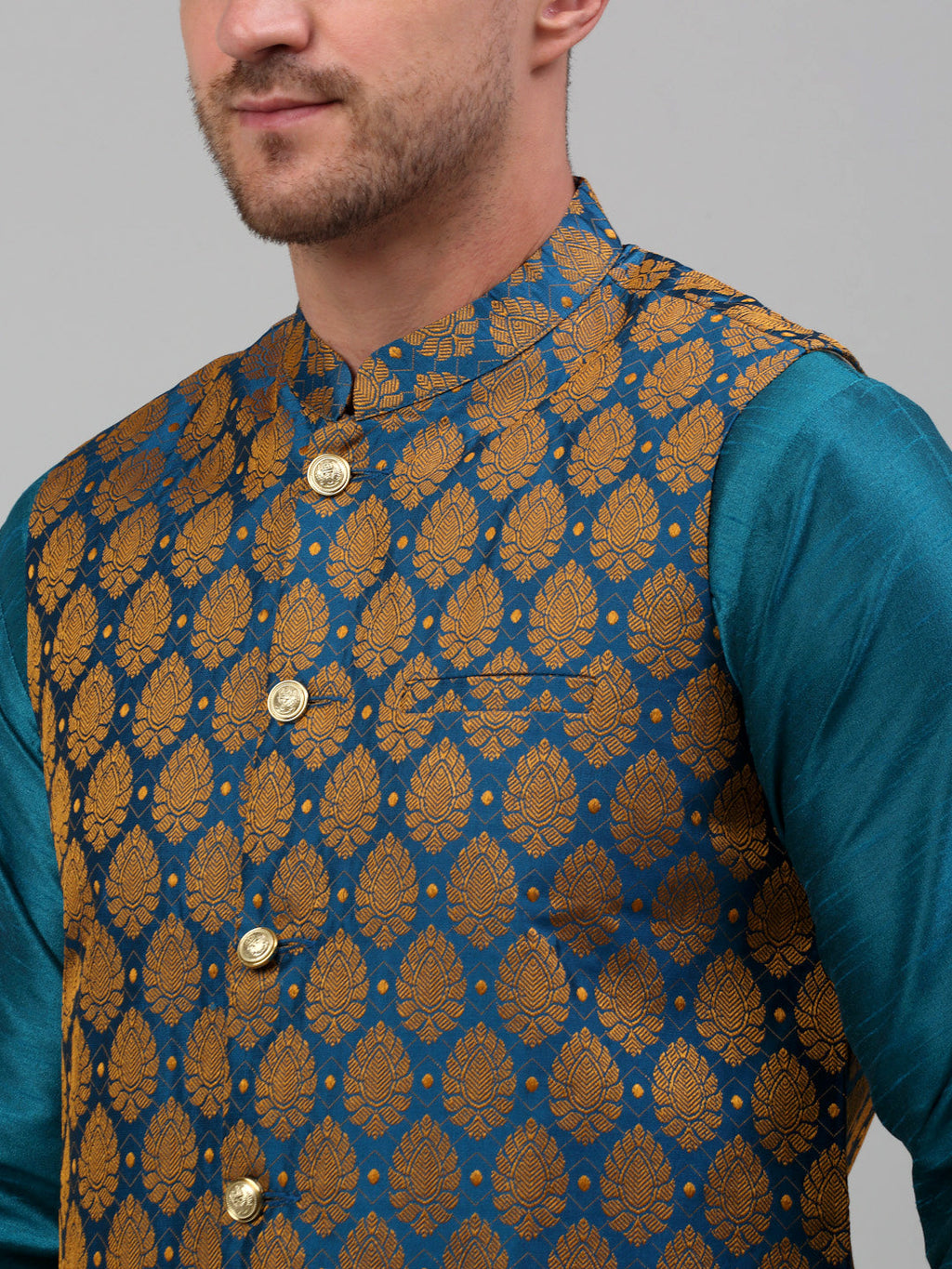 Jompers Men's Woven Design Nehru Jacket and Kurta Pyjama Set - Blue | Grocsy