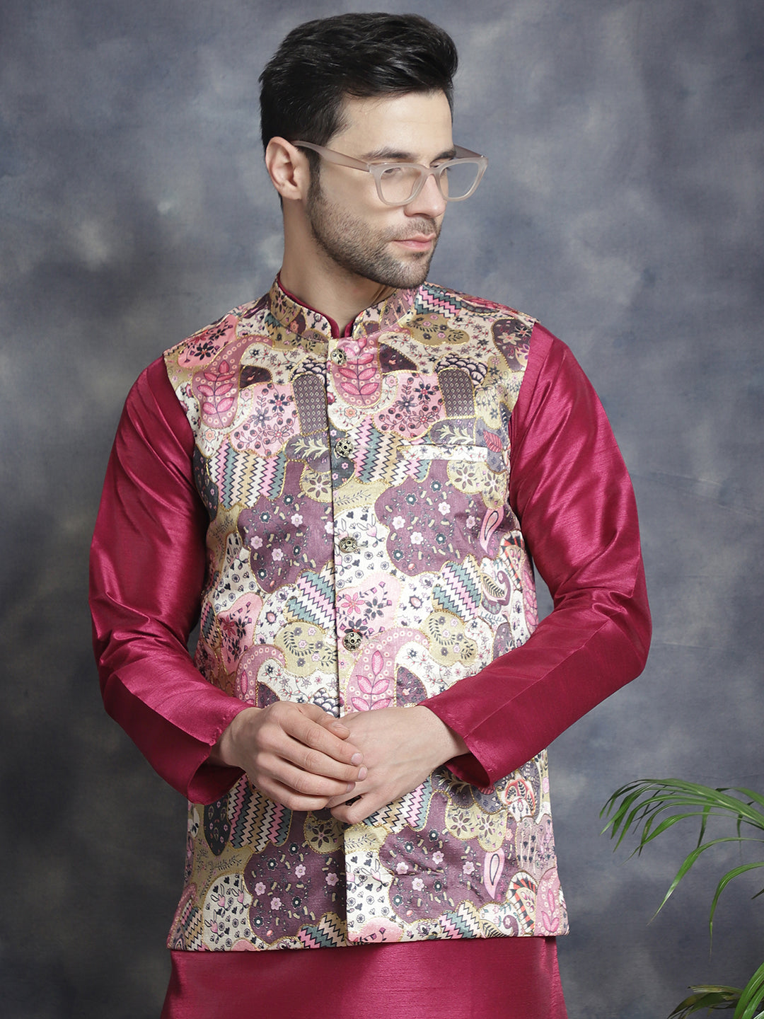 Jompers Men's Digital Print and Zari Work Nehru Jacket With Kurta Pyjama Set - Purple | Grocsy