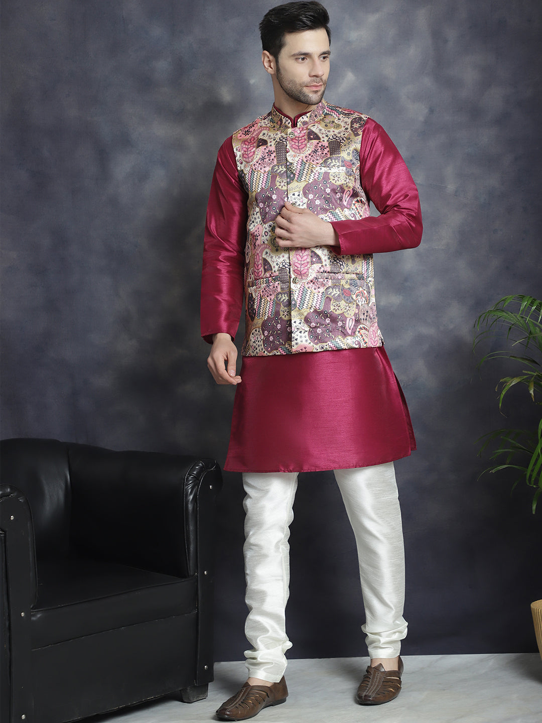 Jompers Men's Digital Print and Zari Work Nehru Jacket With Kurta Pyjama Set - Purple | Grocsy