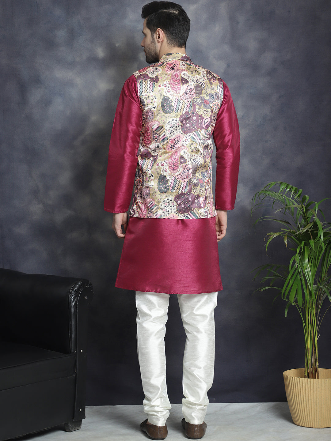 Jompers Men's Digital Print and Zari Work Nehru Jacket With Kurta Pyjama Set - Purple | Grocsy