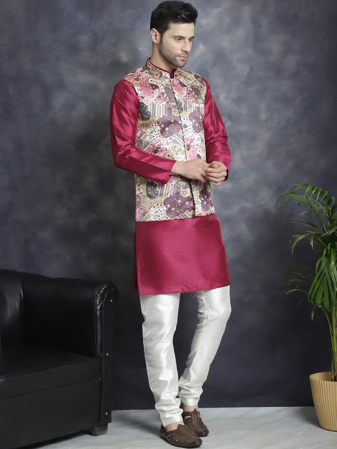 Jompers Men's Digital Print and Zari Work Nehru Jacket With Kurta Pyjama Set - Purple | Grocsy
