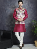 Jompers Men's Digital Print and Zari Work Nehru Jacket With Kurta Pyjama Set - Purple | Grocsy