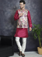 Jompers Men's Digital Print and Zari Work Nehru Jacket With Kurta Pyjama Set - Purple | Grocsy
