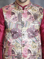 Jompers Men's Digital Print and Zari Work Nehru Jacket With Kurta Pyjama Set - Purple | Grocsy