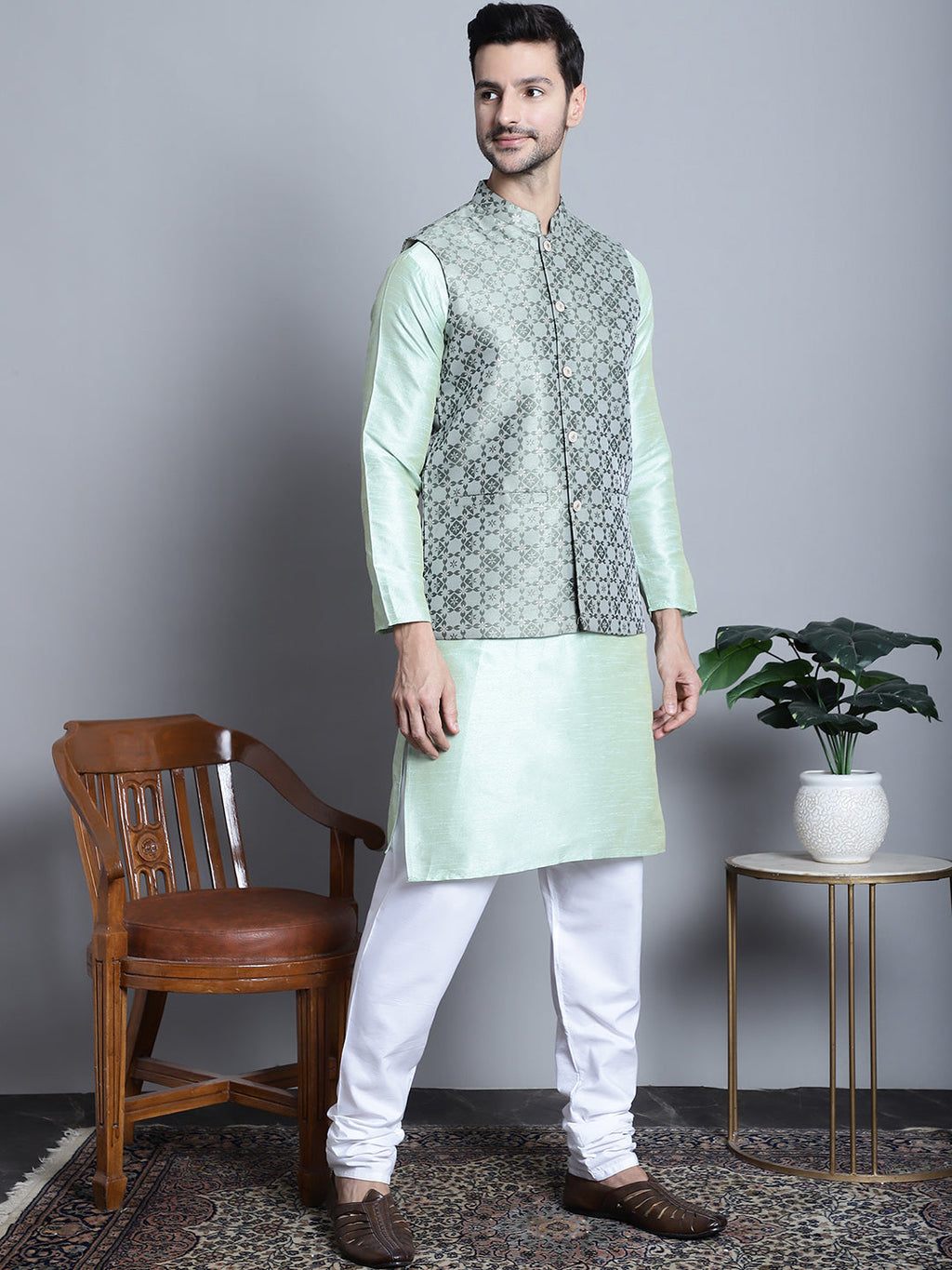 Jompers Men's Woven Design Nehru Jacket With Kurta Pyjama Set - Pista | Grocsy