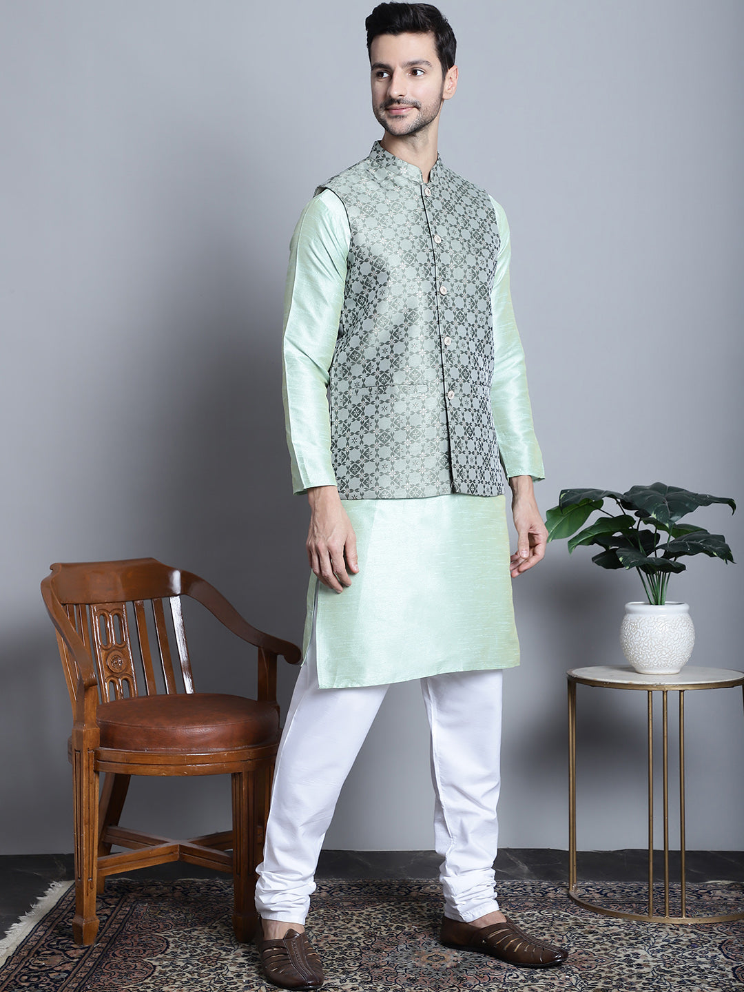 Jompers Men's Woven Design Nehru Jacket With Kurta Pyjama Set - Pista | Grocsy