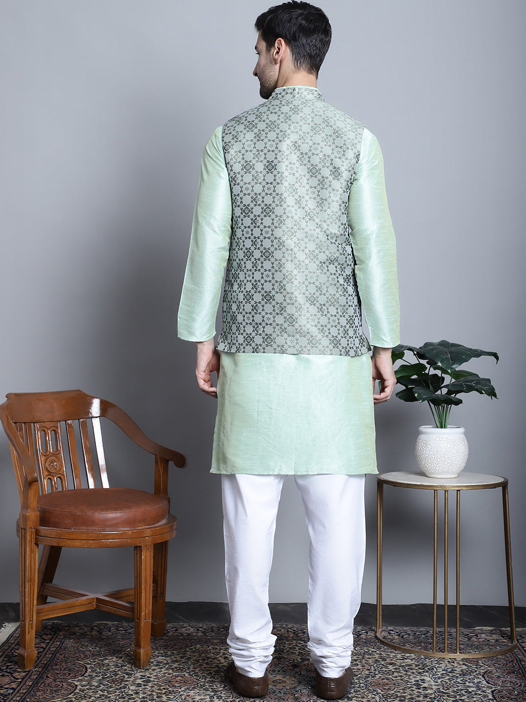 Jompers Men's Woven Design Nehru Jacket With Kurta Pyjama Set - Pista | Grocsy