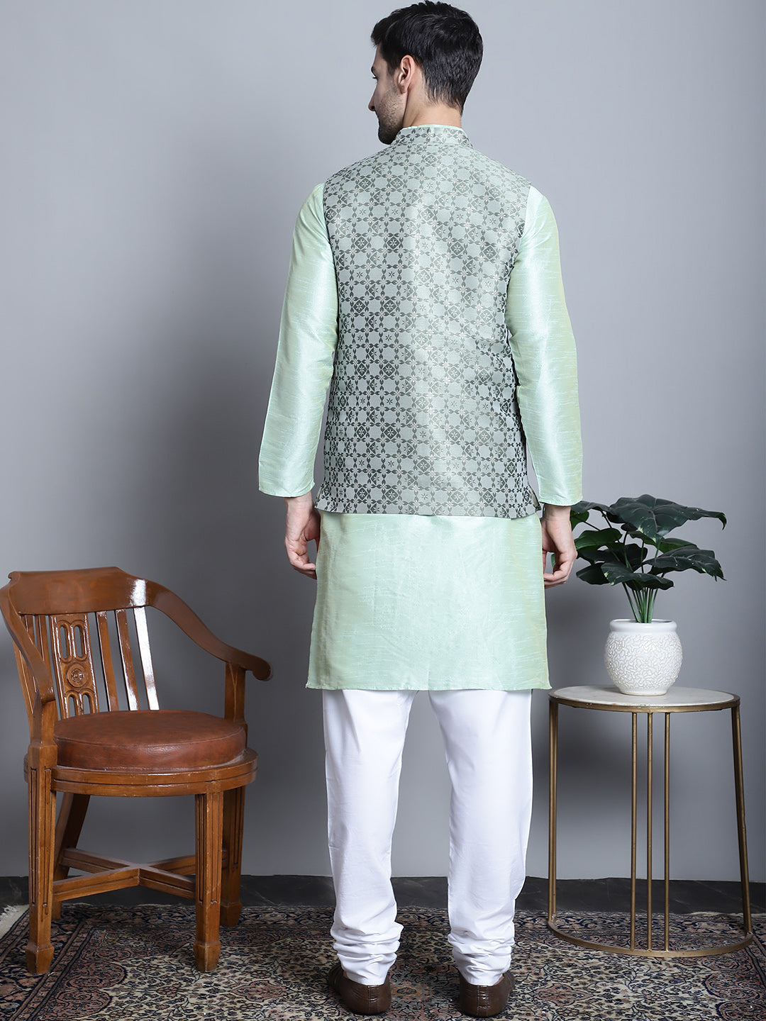 Jompers Men's Woven Design Nehru Jacket With Kurta Pyjama Set - Pista | Grocsy