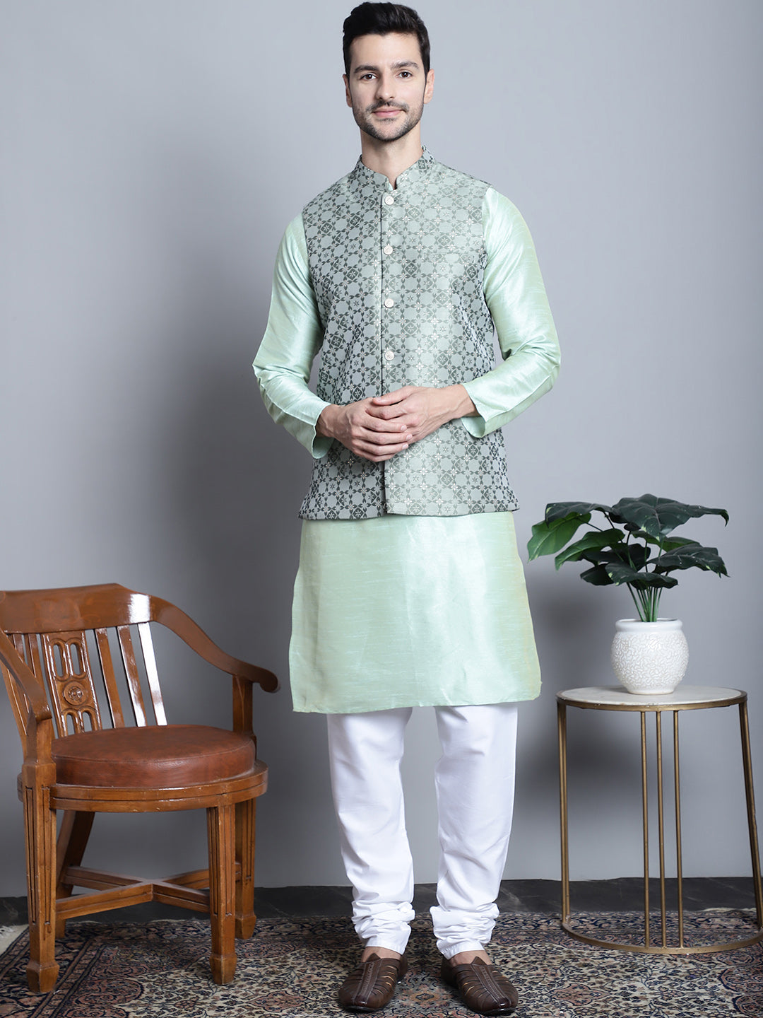 Jompers Men's Woven Design Nehru Jacket With Kurta Pyjama Set - Pista | Grocsy