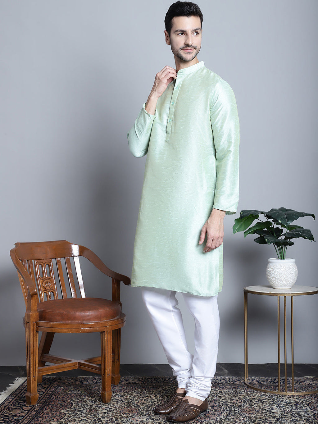 Jompers Men's Woven Design Nehru Jacket With Kurta Pyjama Set - Pista | Grocsy
