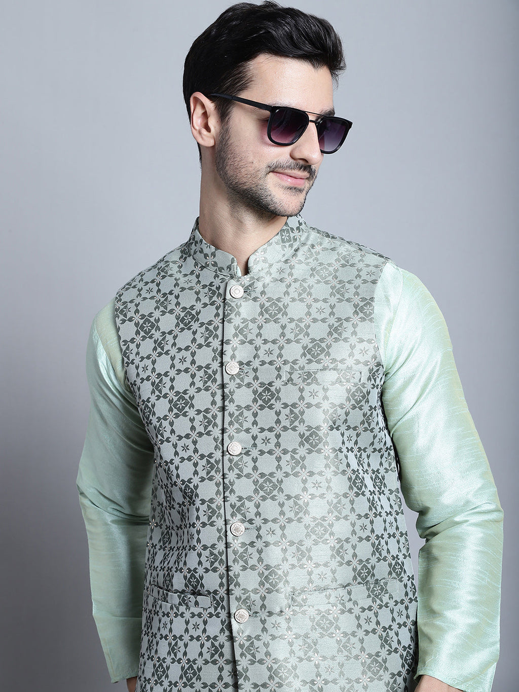 Jompers Men's Woven Design Nehru Jacket With Kurta Pyjama Set - Pista | Grocsy