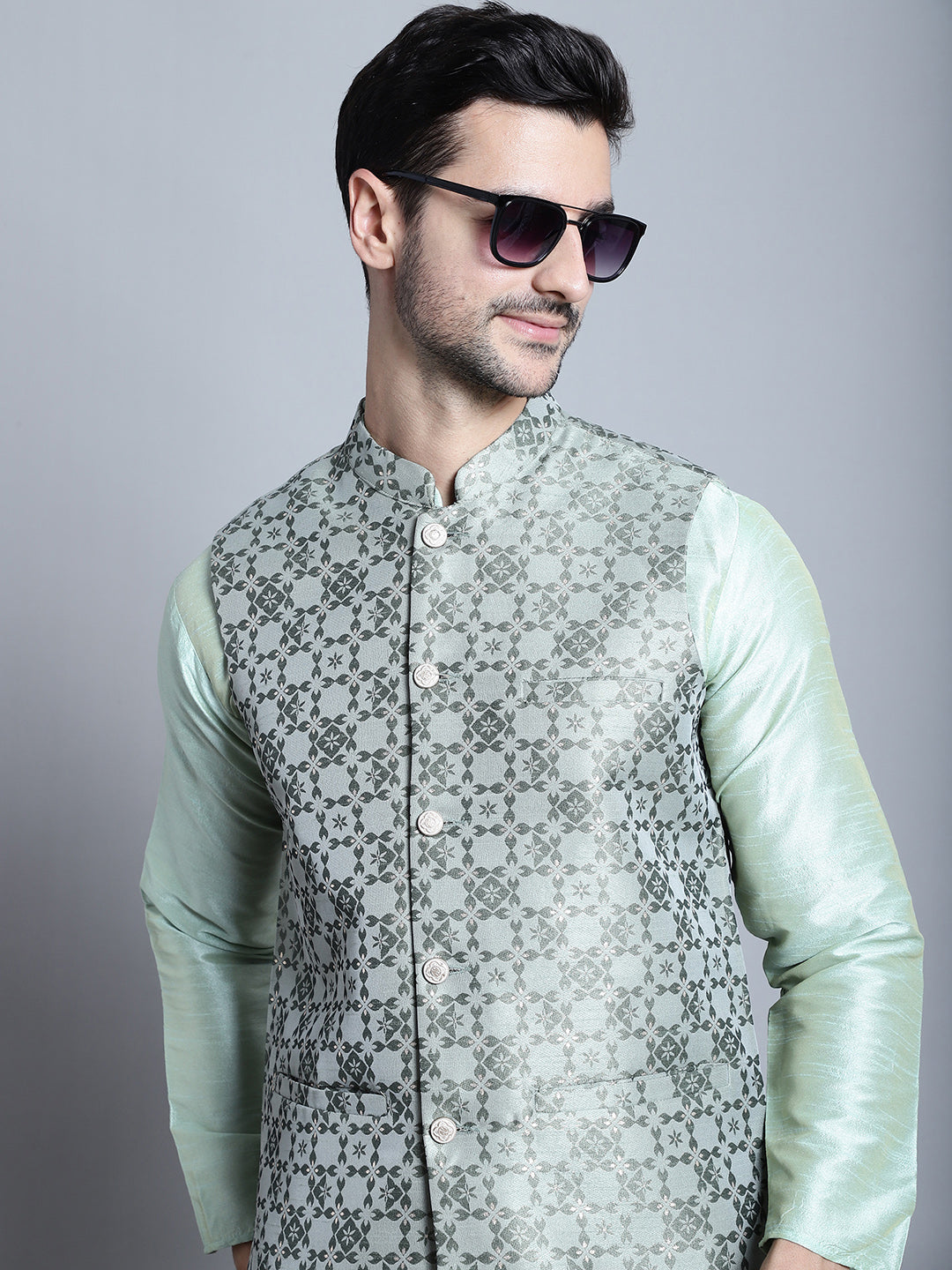 Jompers Men's Woven Design Nehru Jacket With Kurta Pyjama Set - Pista | Grocsy