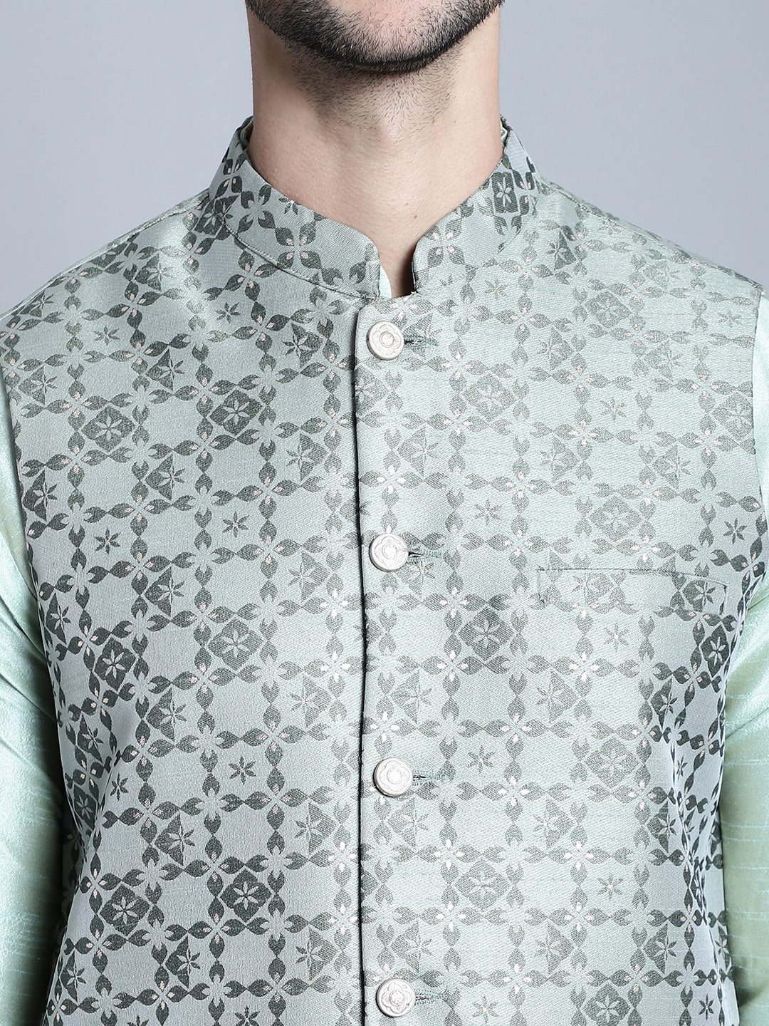 Jompers Men's Woven Design Nehru Jacket With Kurta Pyjama Set - Pista | Grocsy