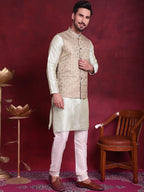 Jompers Men's Woven Design Nehru Jacket With Kurta Pyjama Set - Golden | Grocsy
