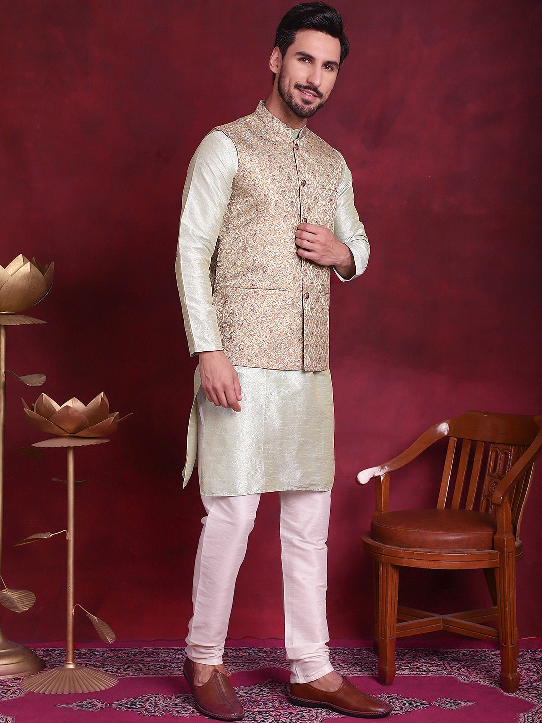 Jompers Men's Woven Design Nehru Jacket With Kurta Pyjama Set - Golden | Grocsy