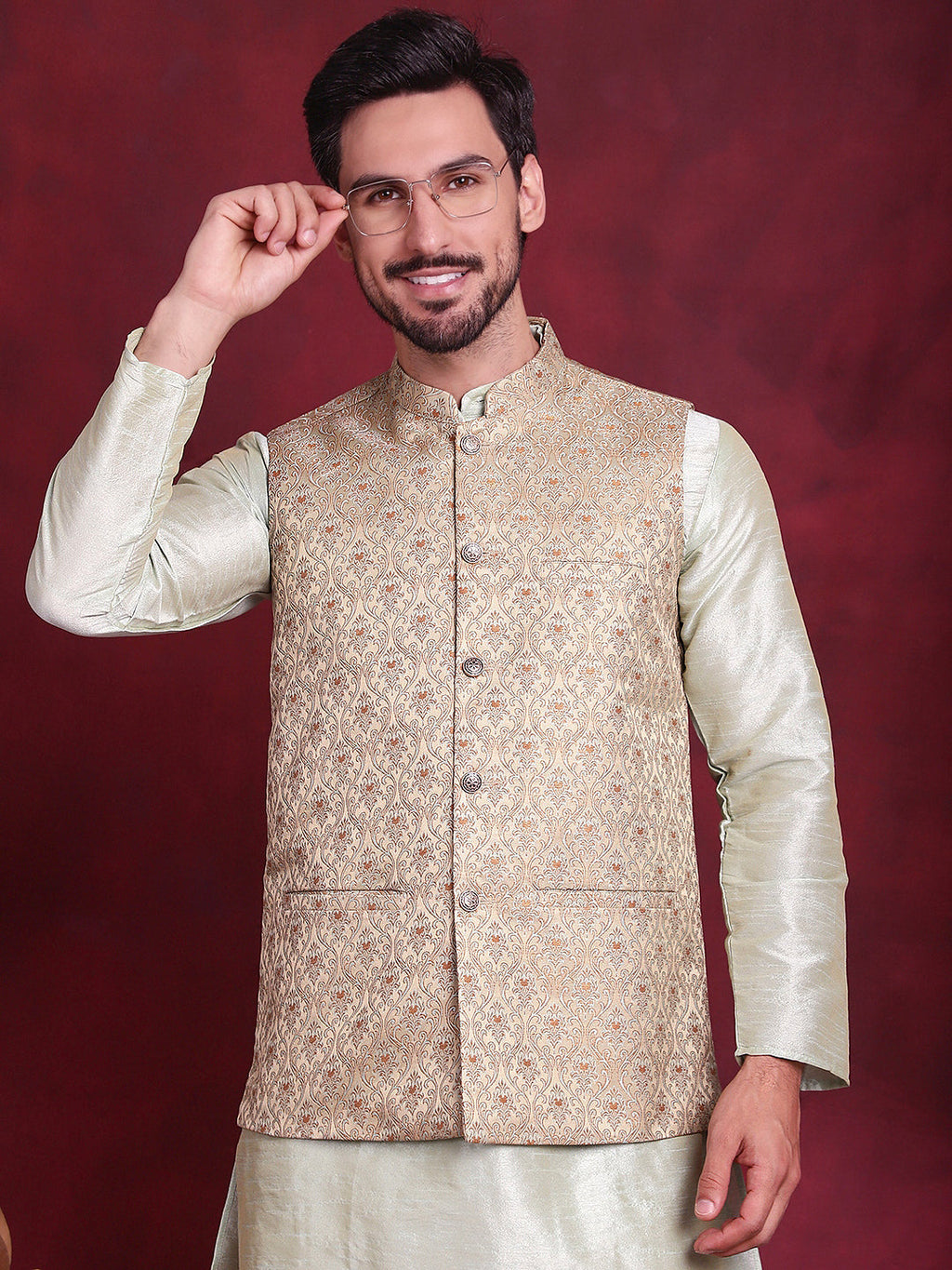 Jompers Men's Woven Design Nehru Jacket With Kurta Pyjama Set - Golden | Grocsy