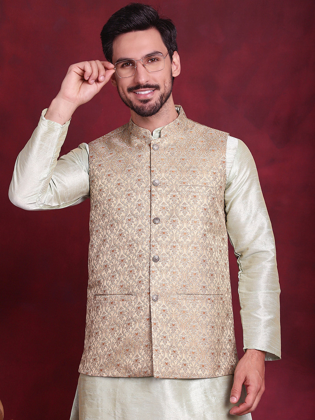 Jompers Men's Woven Design Nehru Jacket With Kurta Pyjama Set - Golden | Grocsy