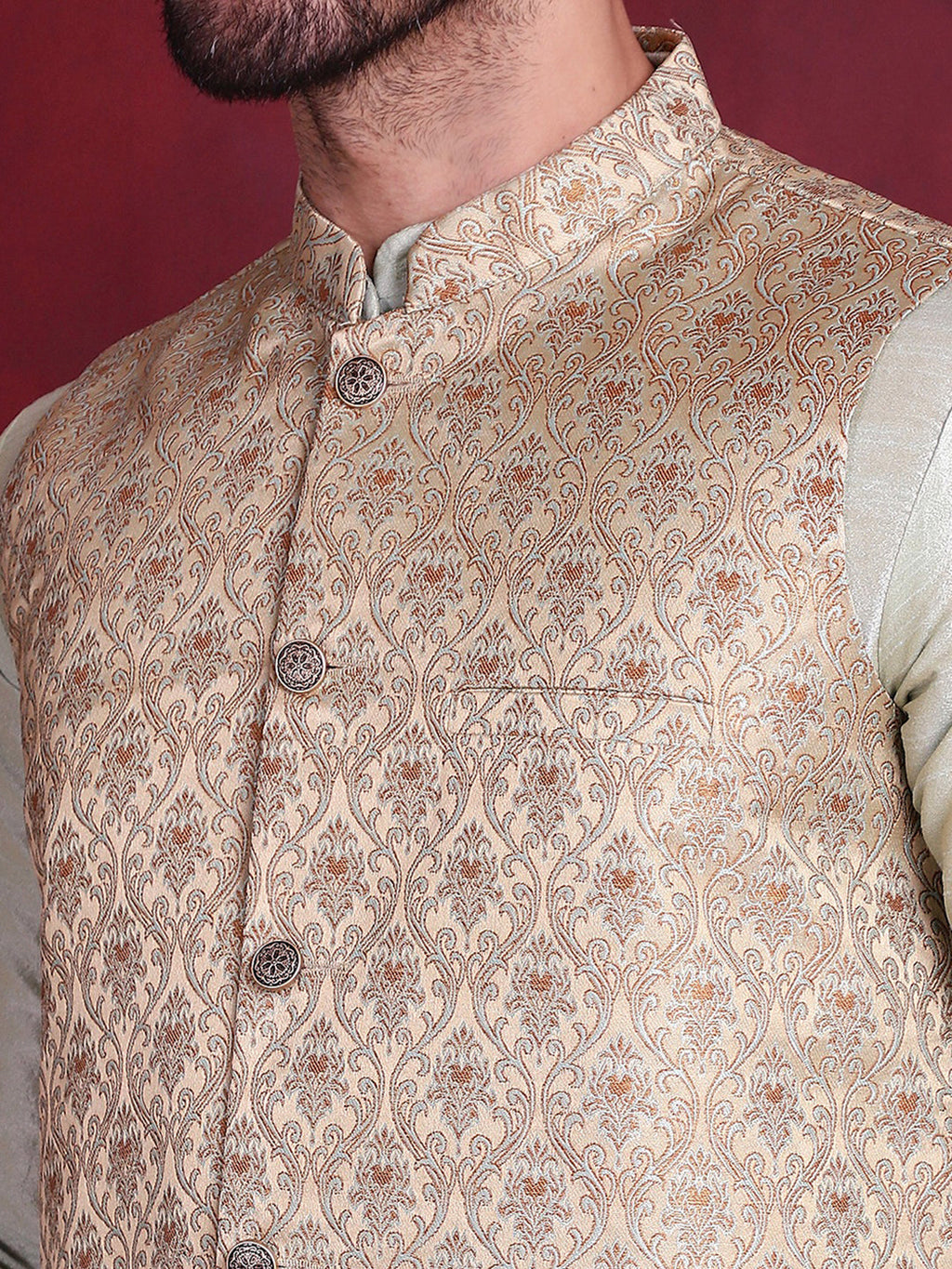 Jompers Men's Woven Design Nehru Jacket With Kurta Pyjama Set - Golden | Grocsy