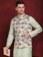 Jompers Men's Green Floral Printed Nehru Jacket With Kurta Pyjama Set | Grocsy