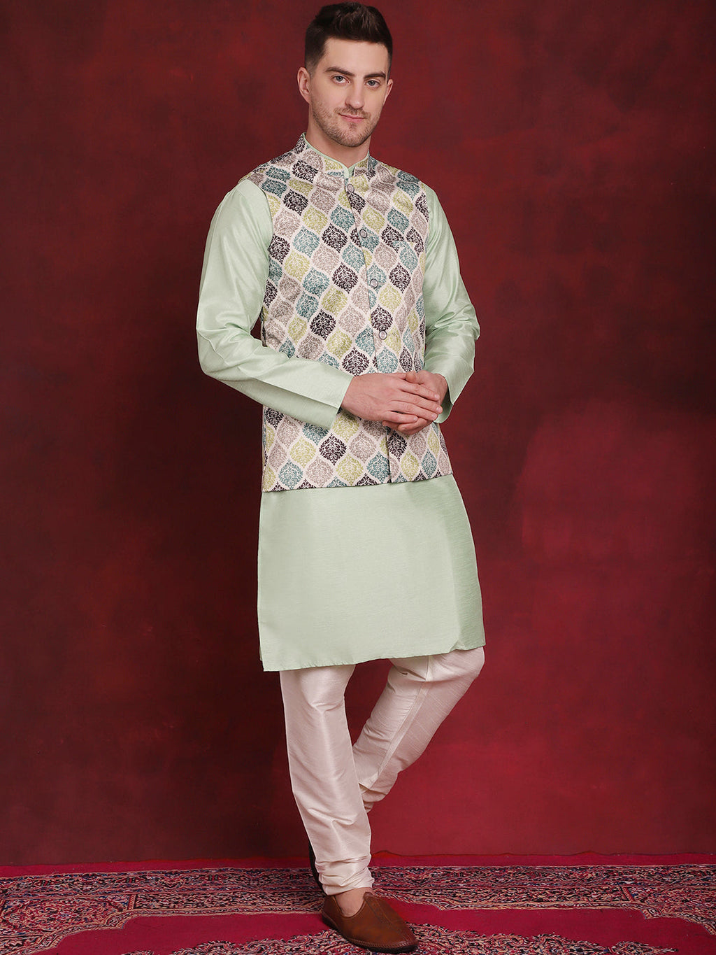 Jompers Men's Green Floral Printed Nehru Jacket With Kurta Pyjama Set | Grocsy