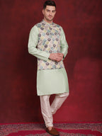 Jompers Men's Green Floral Printed Nehru Jacket With Kurta Pyjama Set | Grocsy