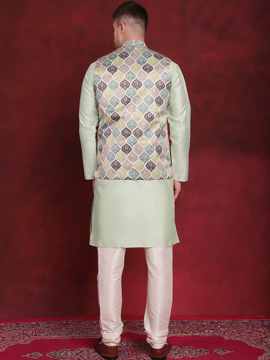 Jompers Men's Green Floral Printed Nehru Jacket With Kurta Pyjama Set | Grocsy
