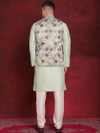 Jompers Men's Green Floral Printed Nehru Jacket With Kurta Pyjama Set | Grocsy