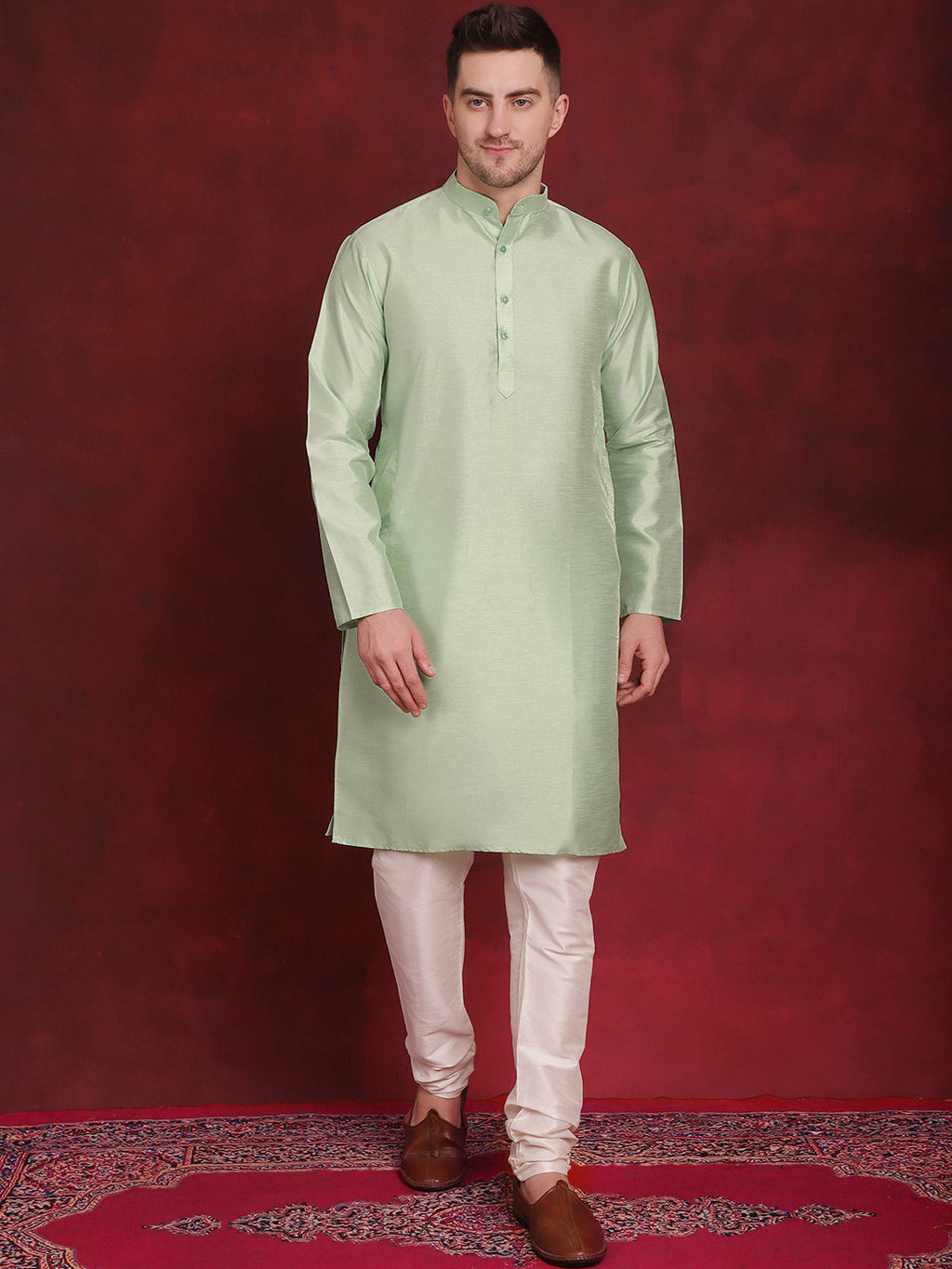 Jompers Men's Green Floral Printed Nehru Jacket With Kurta Pyjama Set | Grocsy
