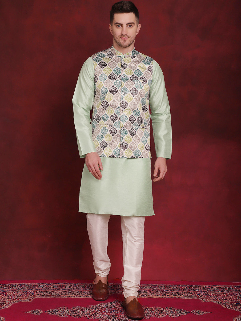 Jompers Men's Green Floral Printed Nehru Jacket With Kurta Pyjama Set | Grocsy