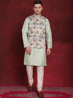 Jompers Men's Green Floral Printed Nehru Jacket With Kurta Pyjama Set | Grocsy