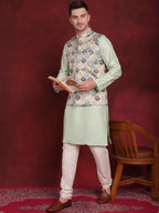 Jompers Men's Green Floral Printed Nehru Jacket With Kurta Pyjama Set | Grocsy