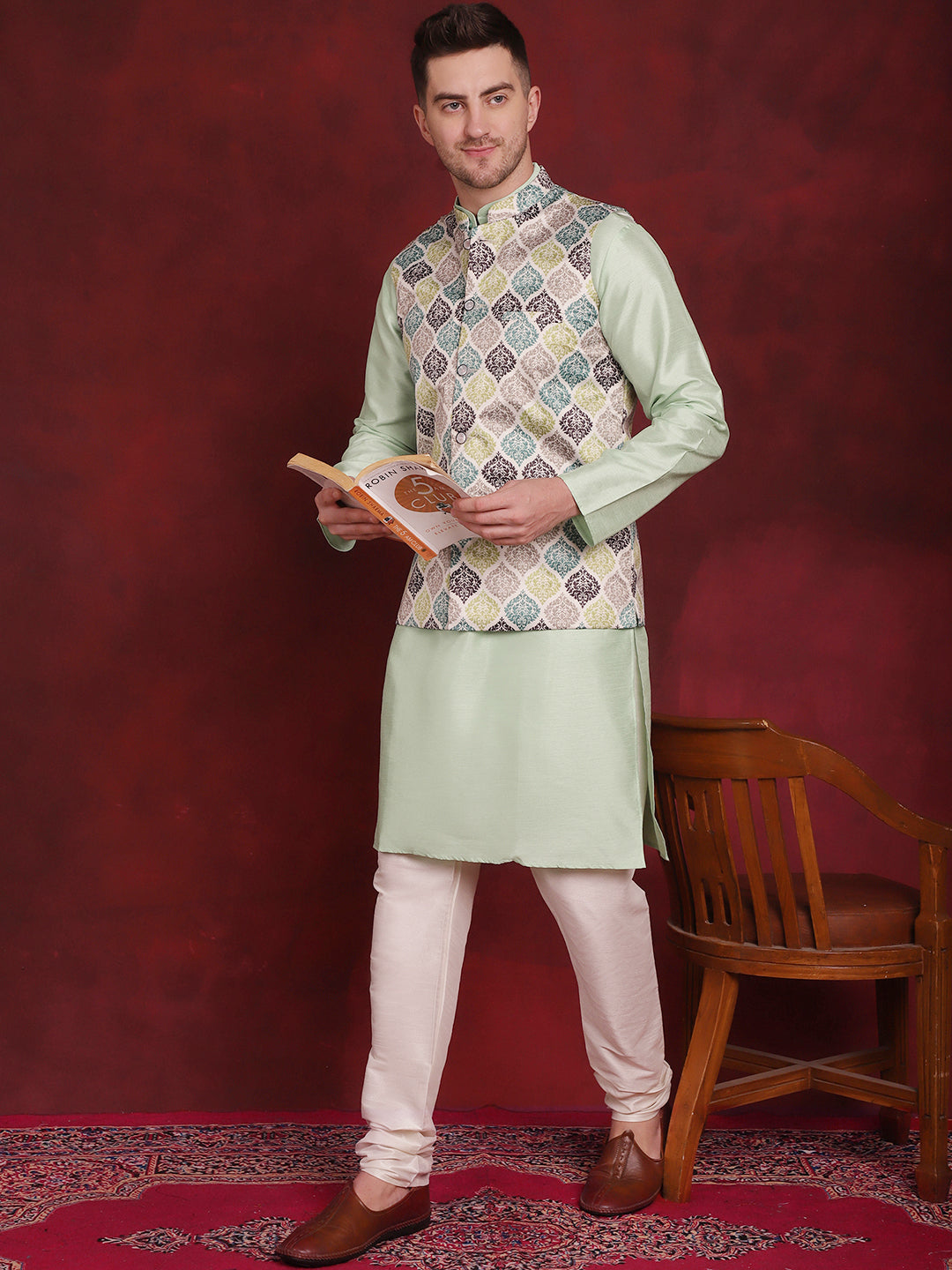 Jompers Men's Green Floral Printed Nehru Jacket With Kurta Pyjama Set | Grocsy