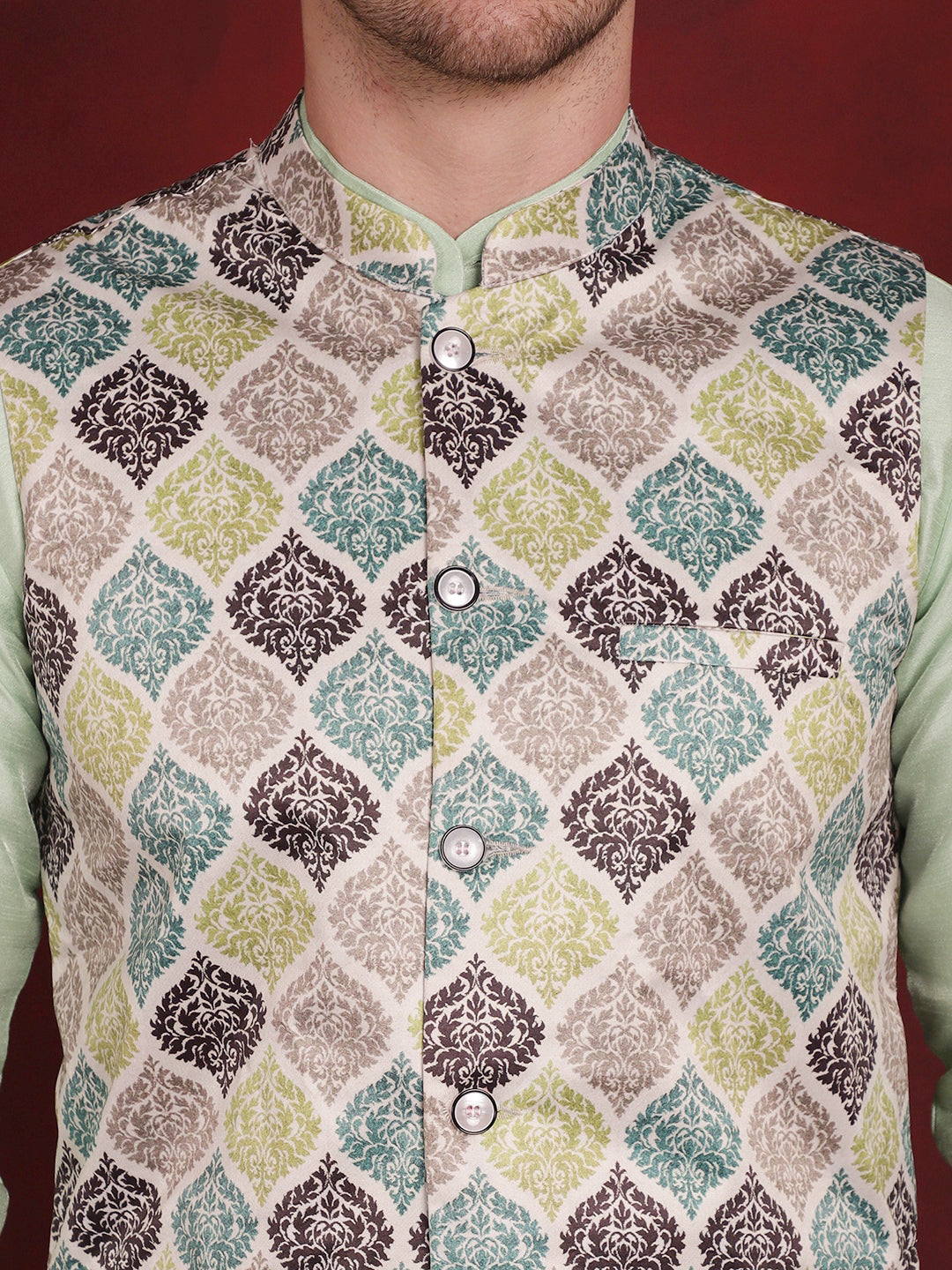 Jompers Men's Green Floral Printed Nehru Jacket With Kurta Pyjama Set | Grocsy