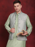 Jompers Men's Green Woven Design Nehru Jacket With Kurta Pyjama Set | Grocsy