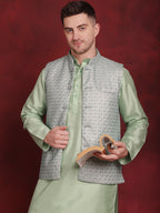 Jompers Men's Green Woven Design Nehru Jacket With Kurta Pyjama Set | Grocsy