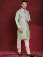 Jompers Men's Green Woven Design Nehru Jacket With Kurta Pyjama Set | Grocsy