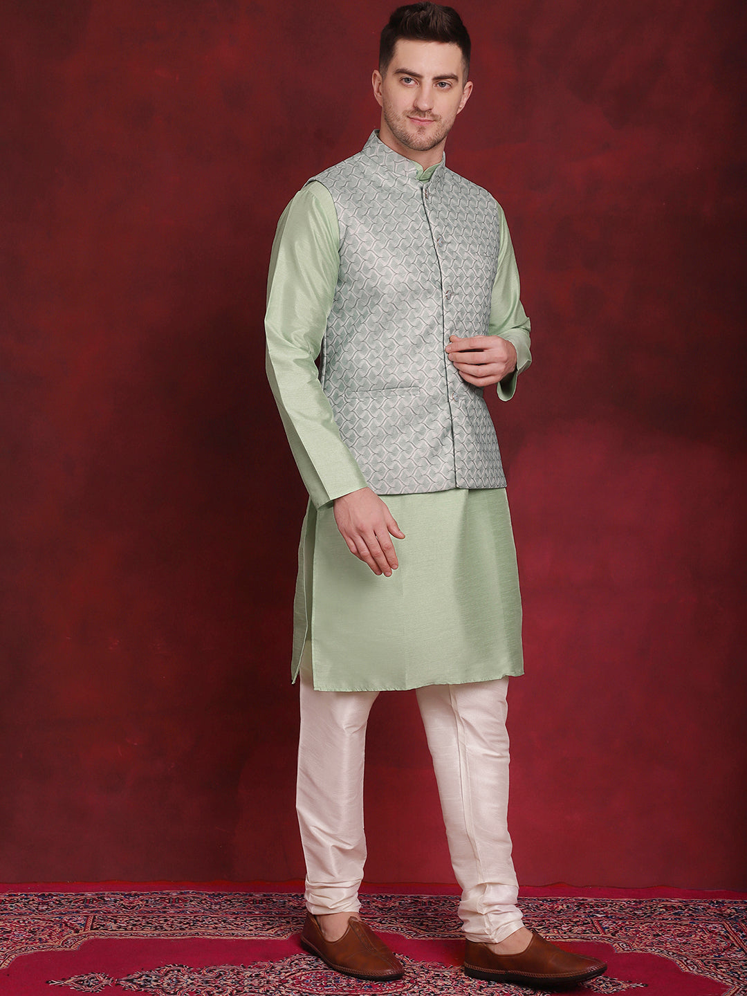 Jompers Men's Green Woven Design Nehru Jacket With Kurta Pyjama Set | Grocsy