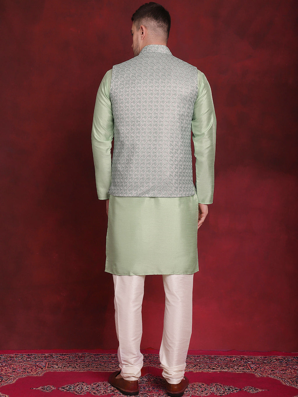 Jompers Men's Green Woven Design Nehru Jacket With Kurta Pyjama Set | Grocsy