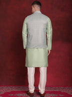 Jompers Men's Green Woven Design Nehru Jacket With Kurta Pyjama Set | Grocsy