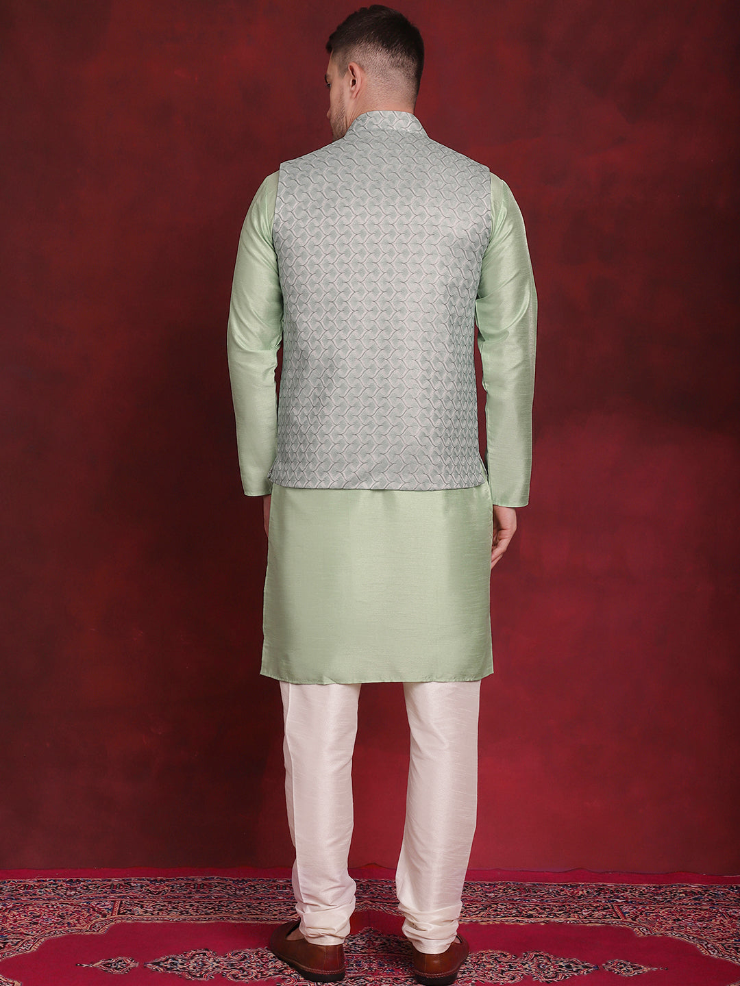 Jompers Men's Green Woven Design Nehru Jacket With Kurta Pyjama Set | Grocsy