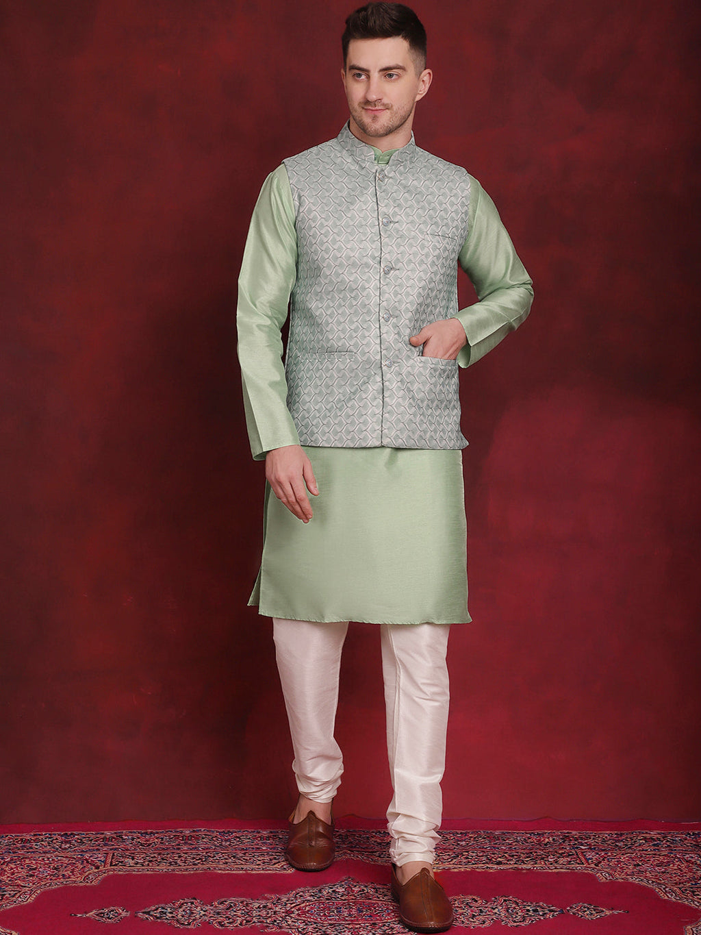 Jompers Men's Green Woven Design Nehru Jacket With Kurta Pyjama Set | Grocsy