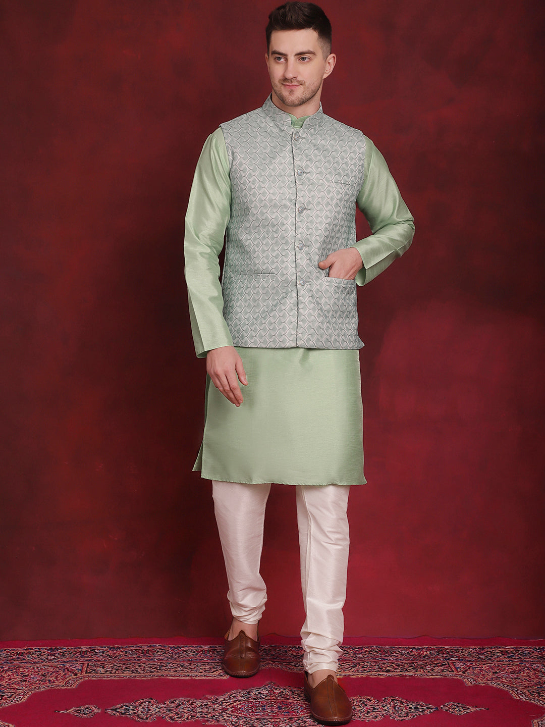 Jompers Men's Green Woven Design Nehru Jacket With Kurta Pyjama Set | Grocsy