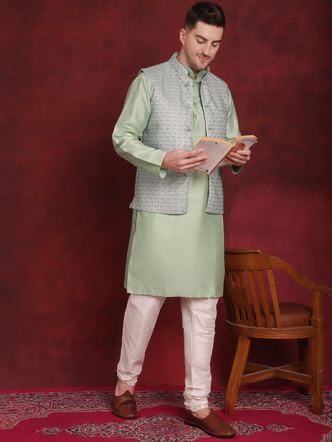 Jompers Men's Green Woven Design Nehru Jacket With Kurta Pyjama Set | Grocsy