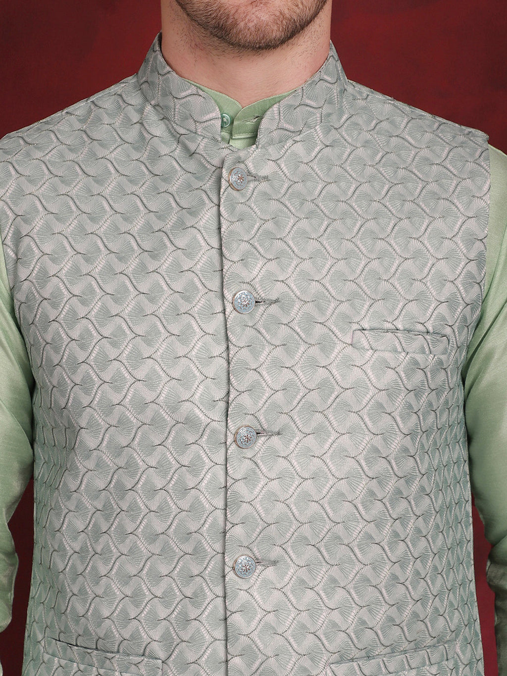 Jompers Men's Green Woven Design Nehru Jacket With Kurta Pyjama Set | Grocsy
