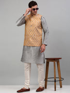 Jompers Men's Woven Design Nehru Jacket and Kurta Pyjama Set - Silver | Grocsy